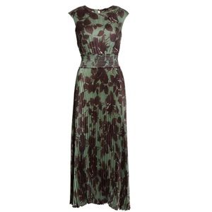 Botanical Print Sleeveless Twill Pleated Dress